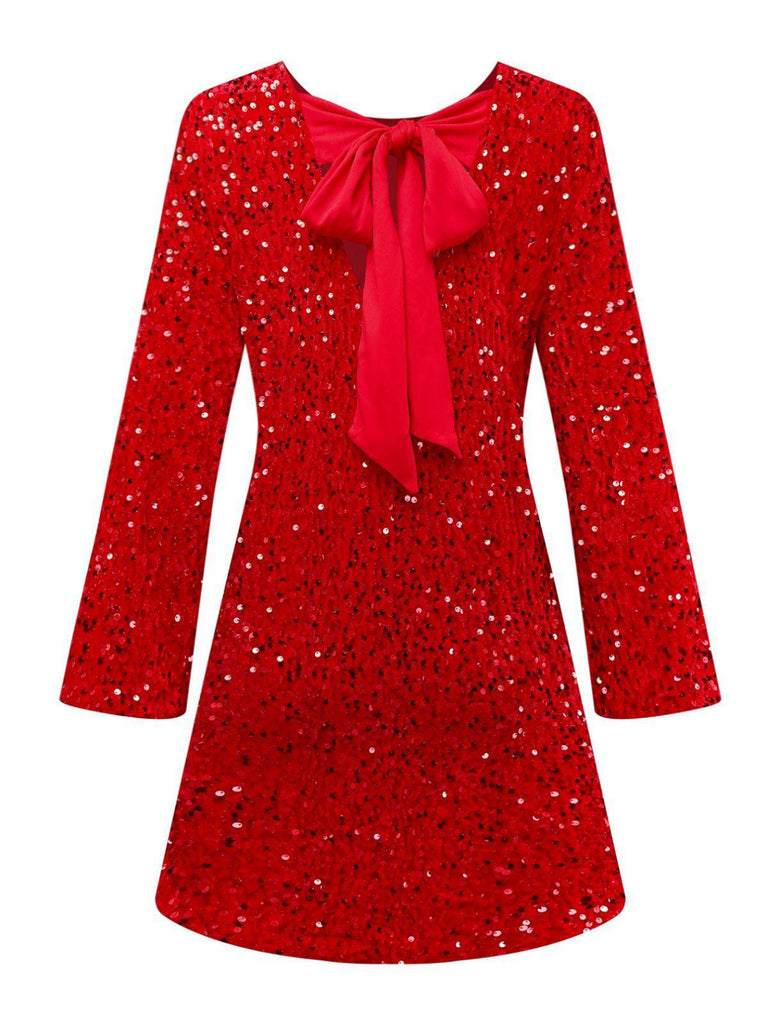 Red 1960s Sequined Bow Round Neck Long Sleeve Dress - vintage dress, retro fashion, elegant red