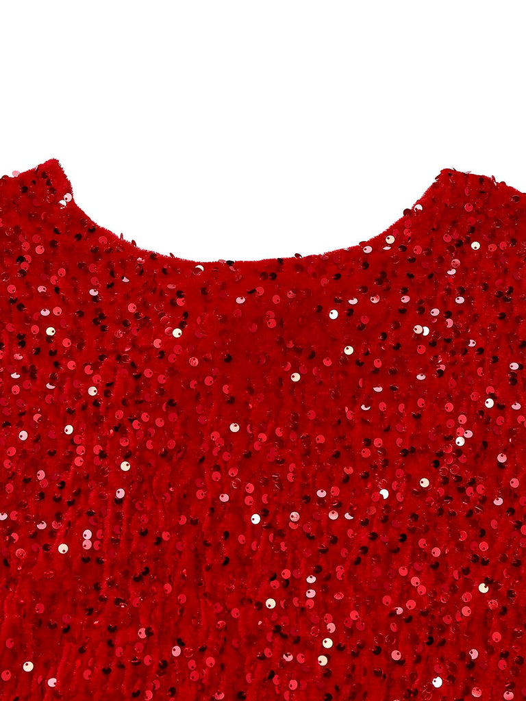 Red 1960s Sequined Bow Round Neck Long Sleeve Dress - vintage dress, retro fashion, elegant red