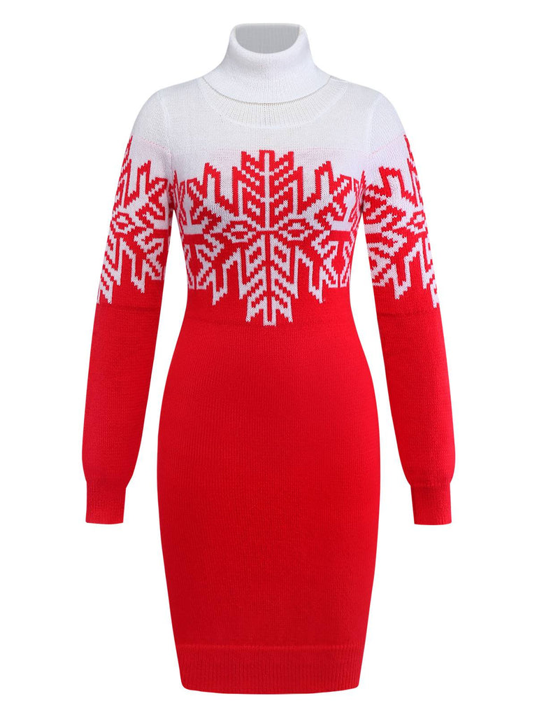Red & White 1960s Snowflake Turtleneck Sweater Dress - vintage dress, retro fashion, elegant red