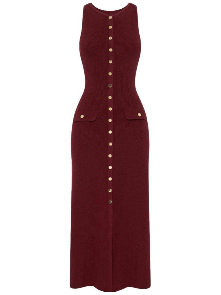 1960s Solid Sleeveless Single-Breasted Knitted Dress - vintage dress, retro fashion
