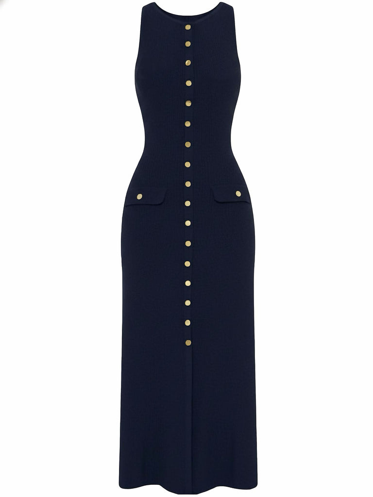 1960s Solid Sleeveless Single-Breasted Knitted Dress - vintage dress, retro fashion