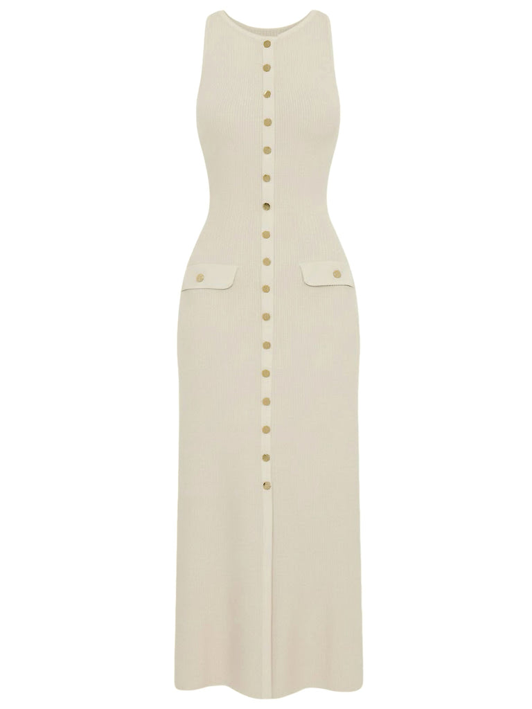 1960s Solid Sleeveless Single-Breasted Knitted Dress - vintage dress, retro fashion