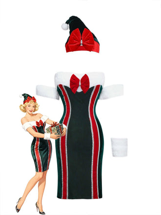 1960s Strapless Velvet Christmas Fur Trim Bow Dress Set - vintage dress, retro fashion