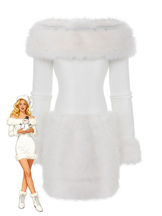 White 1960s Christmas Faux Fur Trim Off-Shoulder Dress - vintage dress, retro fashion, pure white