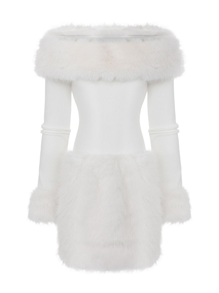 White 1960s Christmas Faux Fur Trim Off-Shoulder Dress - vintage dress, retro fashion, pure white