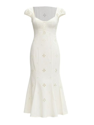 White 1960s Floral Cutout Cap Sleeve Fishtail Dress - vintage dress, retro fashion, pure white