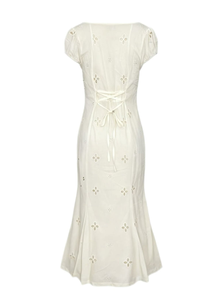 White 1960s Floral Cutout Cap Sleeve Fishtail Dress - vintage dress, retro fashion, pure white