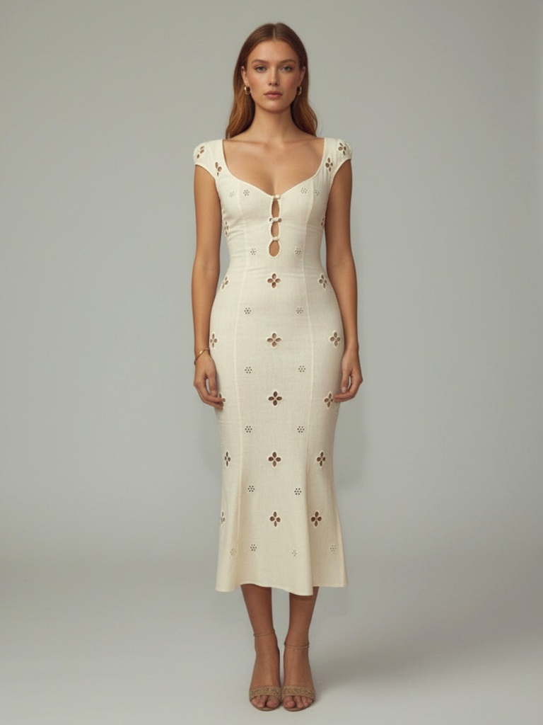 White 1960s Floral Cutout Cap Sleeve Fishtail Dress - vintage dress, retro fashion, pure white