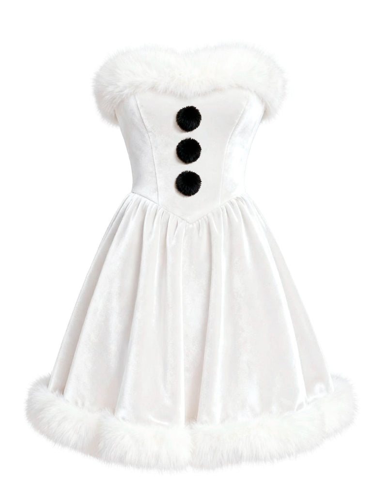 White 1960s Snowman Velvet Plush Trim Strapless Dress - vintage dress, retro fashion, pure white