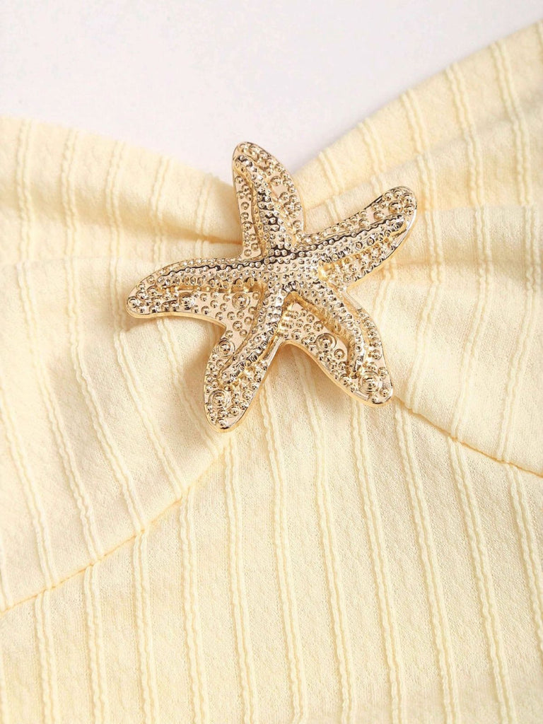 Yellow 1960s Textured Metal Starfish Halter Layered Mini Dress - vintage dress, retro fashion, elegant red