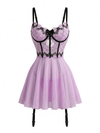 Lavender 1960s Embroidered Lace Trim Garter Bustier Lingerie - vintage fashion, retro style for vintage lovers