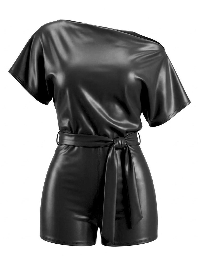 1960s Faux Leather One-Shoulder Belted Romper - vintage romper, retro jumpsuit for vintage lovers