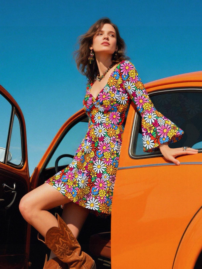 1960s Flare Sleeve Colorful Daisy Dress: where 1960s romance meets her modern spirit