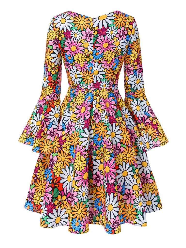 1960s Flare Sleeve Colorful Daisy Dress — a 1960s silhouette that turns sidewalks into runways
