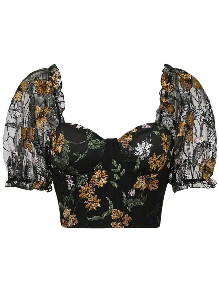 1960s Floral Embroidered Mesh Puff-Sleeve Crop Top - vintage fashion, retro style, elegant red