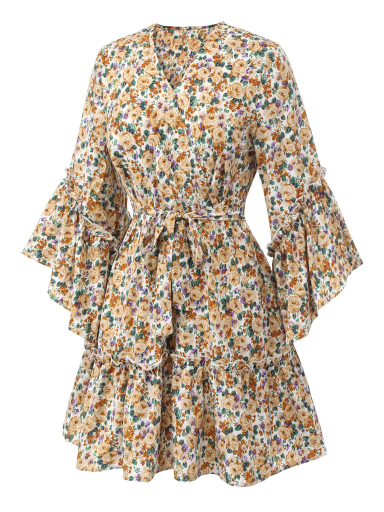 1960s Floral Flared Long Sleeve Dress With Belt, vintage dress, retro fashion, floral print - perfect for women who love vintage and retro fashion