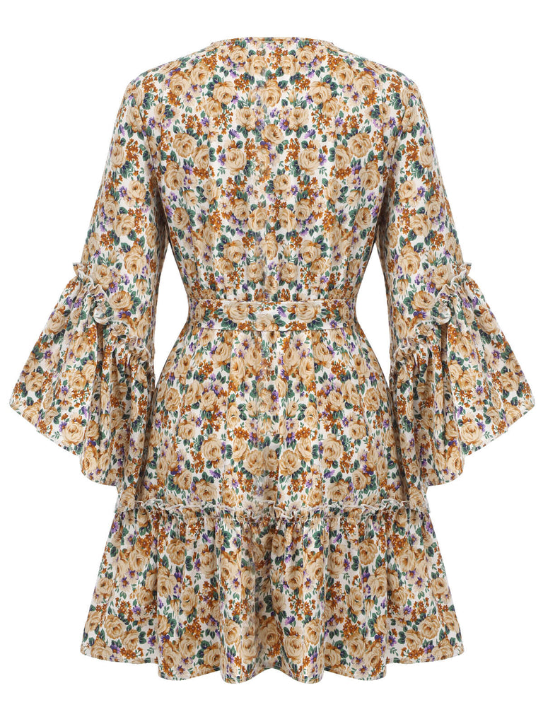 1960s Floral Flared Long Sleeve Dress With Belt, vintage dress, retro fashion, floral print - perfect for women who love vintage and retro fashion