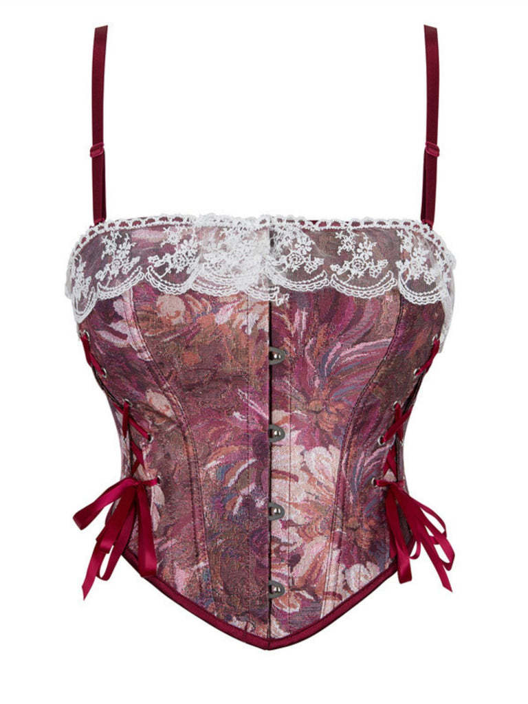 1960s Floral Lace Spaghetti Straps Corset Top - vintage fashion, retro style