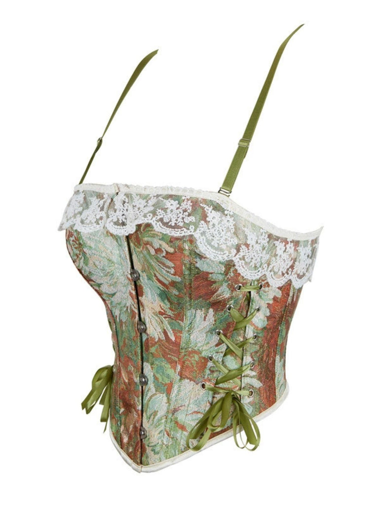 1960s Floral Lace Spaghetti Straps Corset Top - vintage fashion, retro style