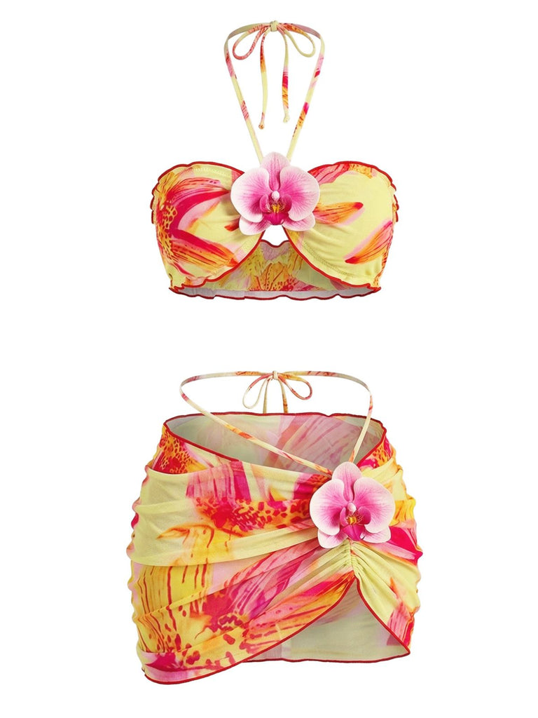 1960s Floral Print Halter Bikini Set & Bodycon Cover-Up - vintage fashion, retro style