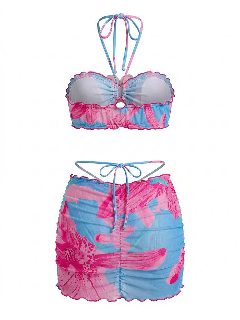 1960s Floral Print Halter Bikini Set & Bodycon Cover-Up - vintage fashion, retro style