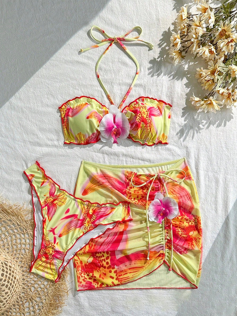 1960s Floral Print Halter Bikini Set & Bodycon Cover-Up - vintage fashion, retro style