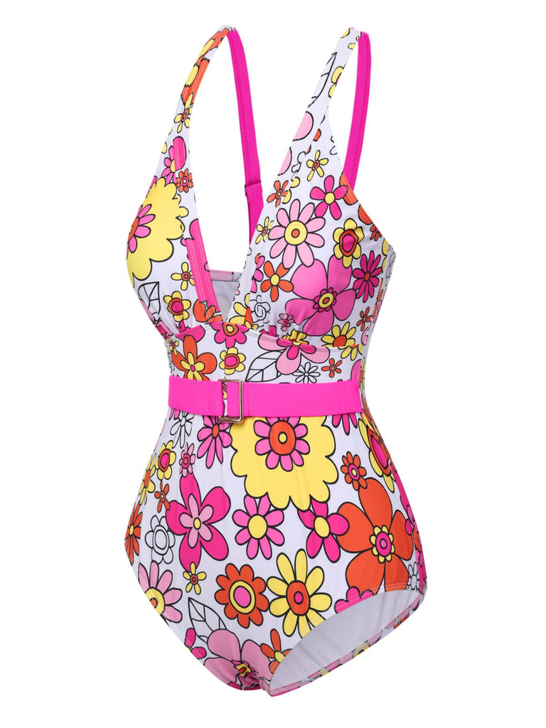 This 1960s Flowers Back-Cross Strap Belt Swimsuit carries 1960s vacation dreams in every stitch