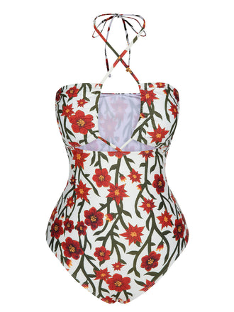1960s Front Hollow Floral Halter Swimsuit, vintage swimsuit, pin-up swimwear - perfect for women who love vintage and retro fashion