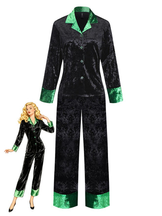 Green & Black 1960s Shimmer Velvet Notched Collar Pajama Set - vintage fashion, retro style, classic black