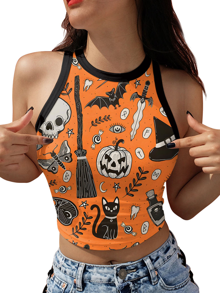 1960s Halloween Skull Pumpkin Crop Sleeveless Top - vintage fashion, retro style