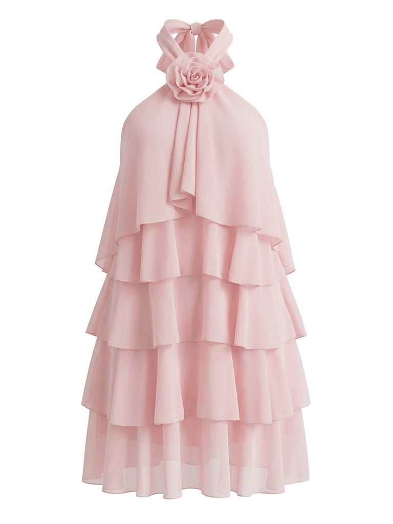 1960s Halter Backless Ruffle Swing Dress 4