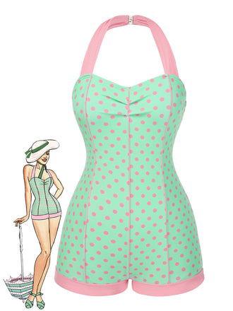 1960s Halter Contrast Polka Dots Heart Swimsuit - vintage swimsuit, pin-up style