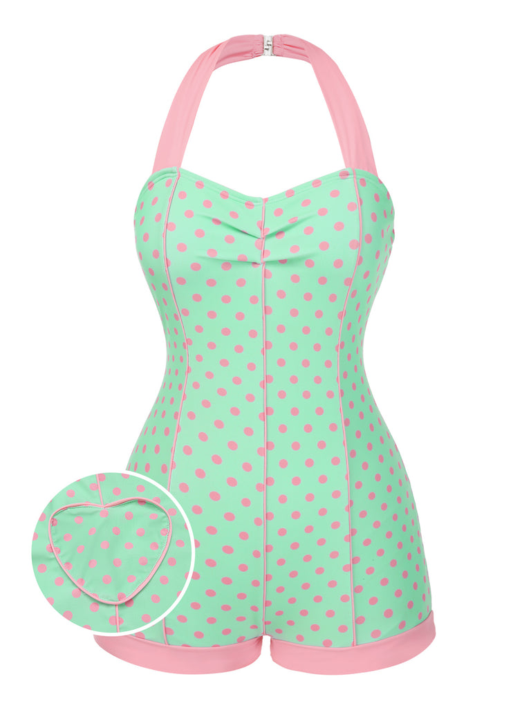 1960s Halter Contrast Polka Dots Heart Swimsuit - vintage swimsuit, pin-up style