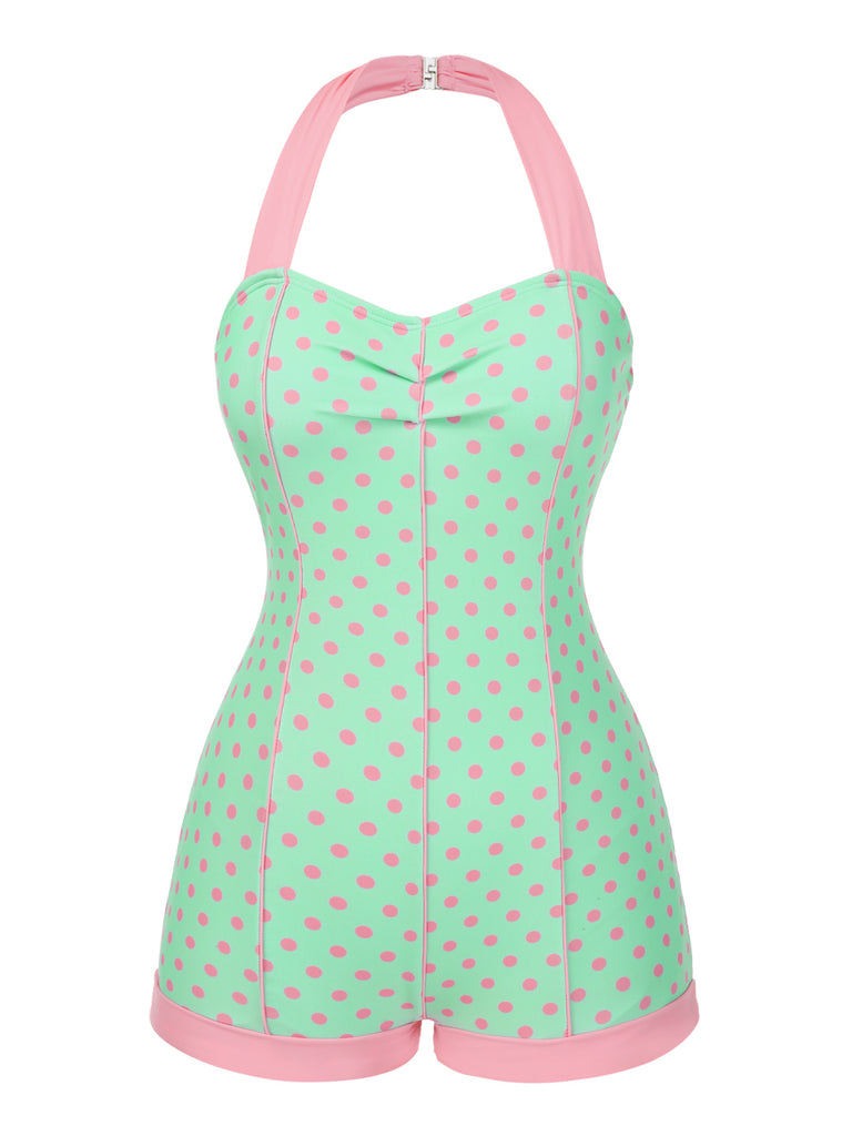 1960s Halter Contrast Polka Dots Heart Swimsuit - vintage swimsuit, pin-up style