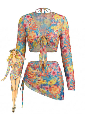 1940s Floral Print Bikini Set 4PCS, vintage swimsuit, pin-up swimwear - perfect for women who love vintage and retro fashion