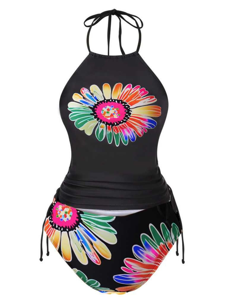 1960s Halter Neon Daisy Lace-Up Tankini Set - vintage fashion, retro style