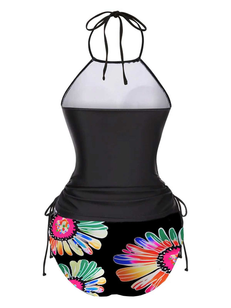 1960s Halter Neon Daisy Lace-Up Tankini Set - vintage fashion, retro style