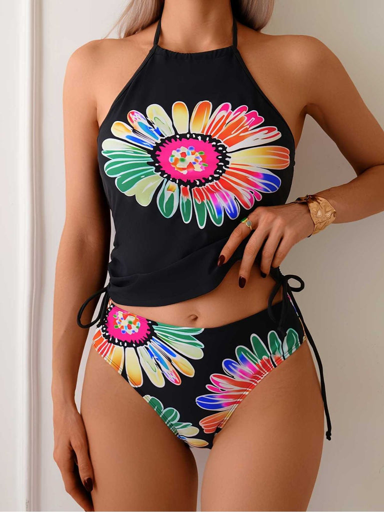 1960s Halter Neon Daisy Lace-Up Tankini Set - vintage fashion, retro style