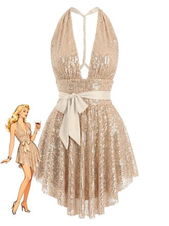 1960s Halter Plunging Sequins Bow-Tie Dress, vintage dress, retro fashion - perfect for women who love vintage and retro fashion