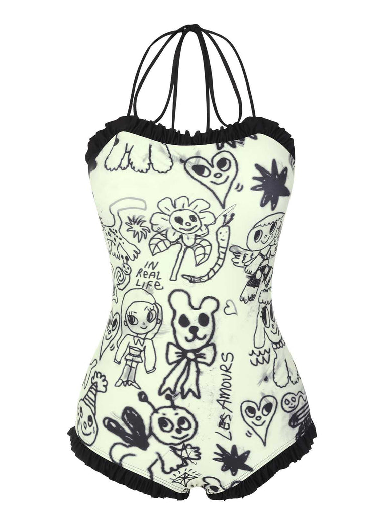 She's wearing 1960s Halter Printed Ruffles One-Piece Swimsuit and the whole beach remembers the 1960s