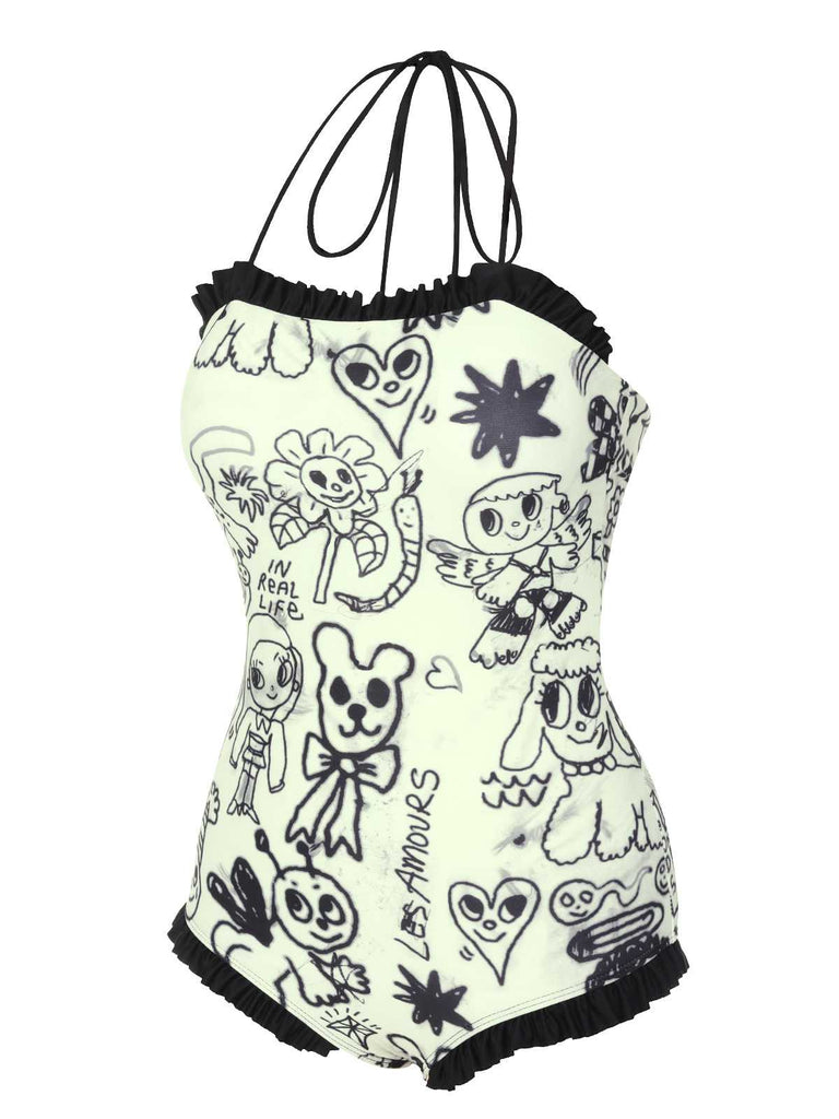 1960s Halter Printed Ruffles One-Piece Swimsuit: 1960s Riviera elegance, reimagined for her