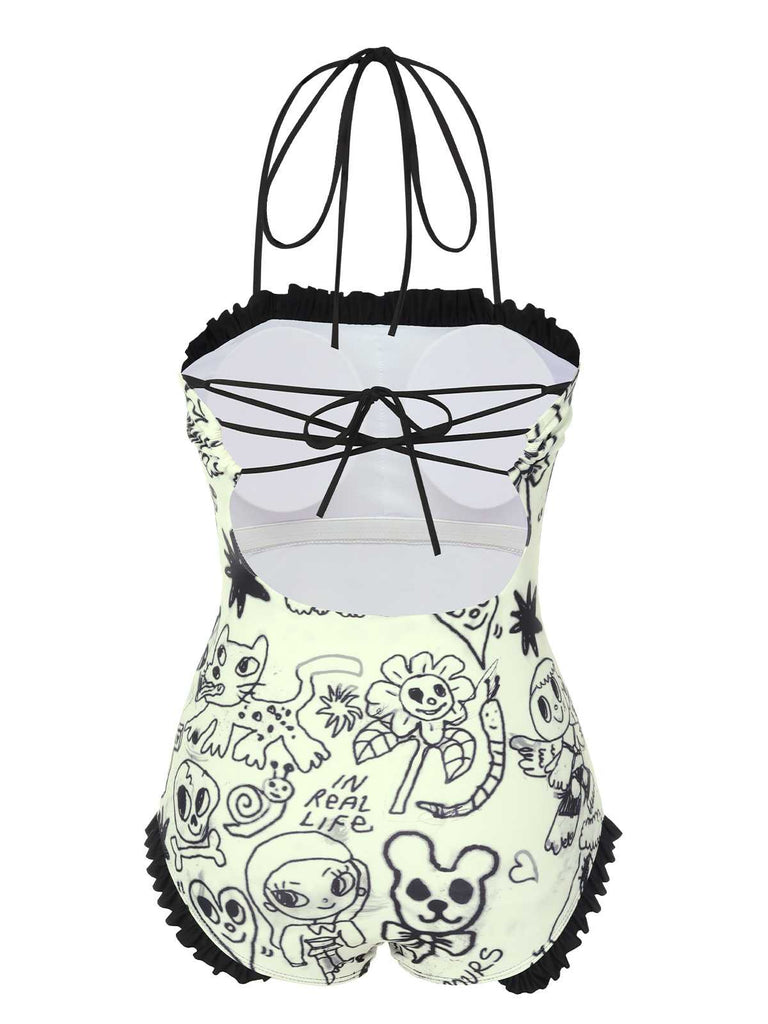 This 1960s Halter Printed Ruffles One-Piece Swimsuit carries 1960s vacation dreams in every stitch