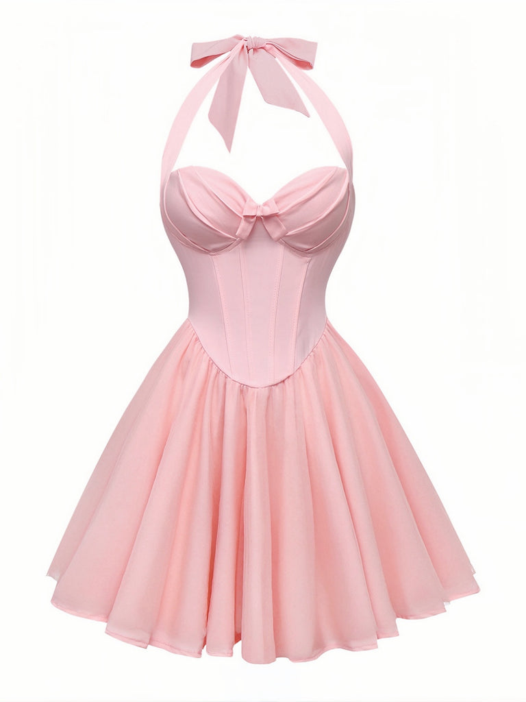 1960s Halter Tie Neck Solid Fishbone Tutu Dress: beautiful vintage dress, retro fashion, elegant style with timeless appeal