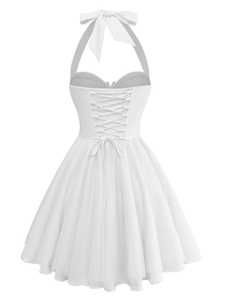 1960s Halter Tie Neck Solid Fishbone Tutu Dress: beautiful vintage dress, retro fashion, elegant style with timeless appeal