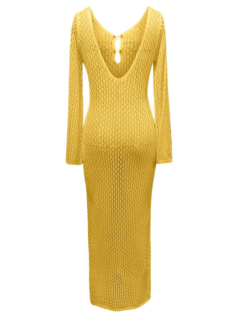 This 1960s Hollow Knitted Maxi Dress Cover-Up wraps her in 1960s elegance, one twirl at a time