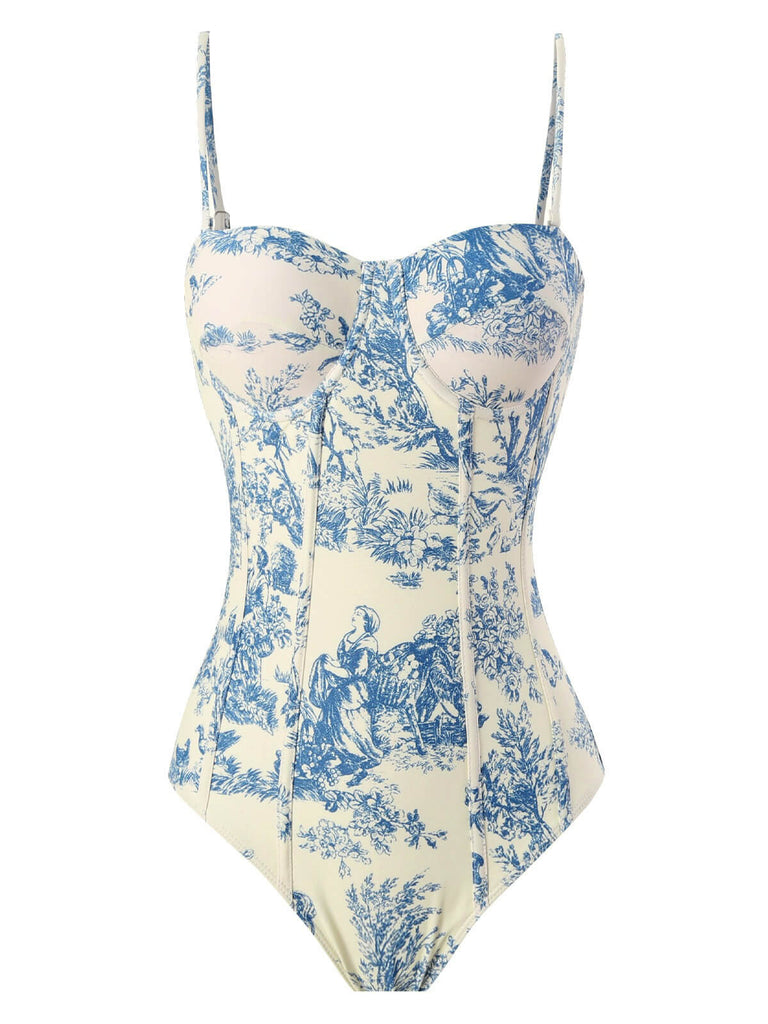 1950s Ink Floral Spaghetti Strap One-Piece Swimsuit - vintage swimsuit, pin-up swimwear for vintage lovers