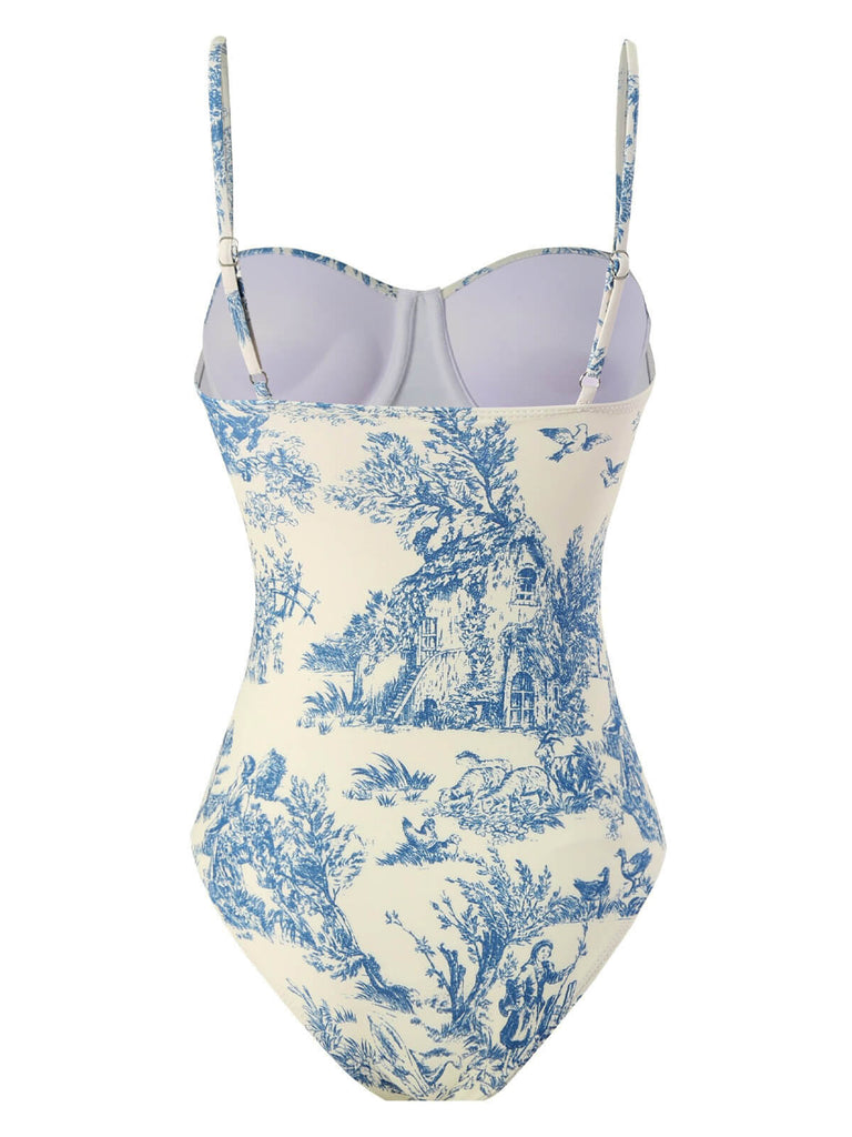 1950s Ink Floral Spaghetti Strap One-Piece Swimsuit - vintage swimsuit, pin-up swimwear for vintage lovers