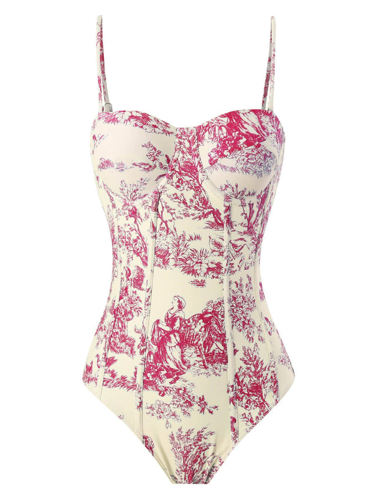 1950s Ink Floral Spaghetti Strap One-Piece Swimsuit - vintage swimsuit, pin-up swimwear for vintage lovers