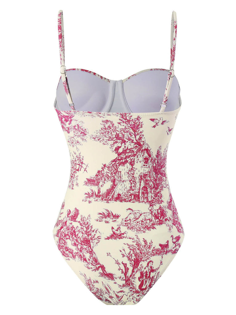 1950s Ink Floral Spaghetti Strap One-Piece Swimsuit - vintage swimsuit, pin-up swimwear for vintage lovers