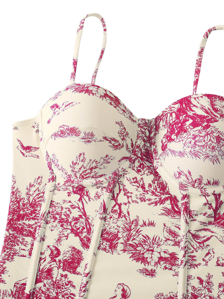 1950s Ink Floral Spaghetti Strap One-Piece Swimsuit - vintage swimsuit, pin-up swimwear for vintage lovers